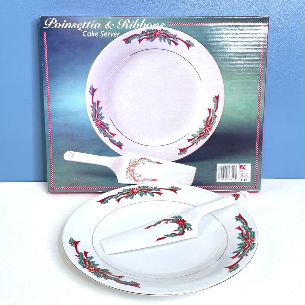 Vintage NEW Fairfield Porcelain, Poinsettias &‎ Ribbon, cake plate with server.